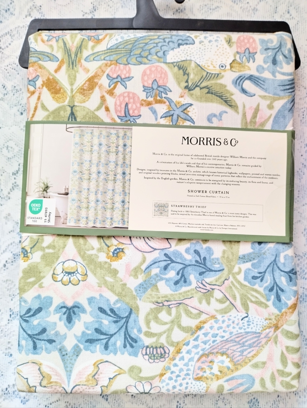 William Morris & Co Shower Curtain Strawberry Thief Blue Green Cotton Blend